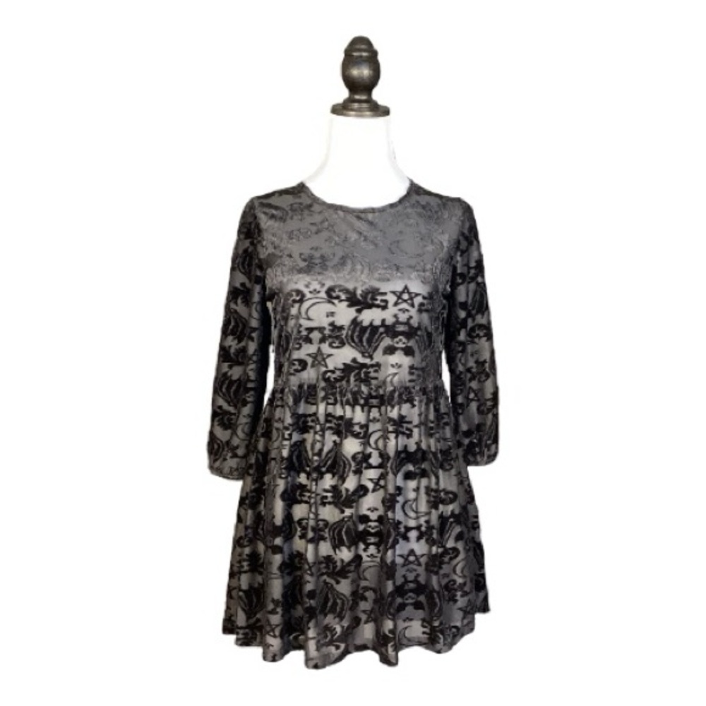 Iron Fist Skater Dress Black Flocked Velvet Occult Bat Moon Pentagram Goth S - Picture 2 of 8
